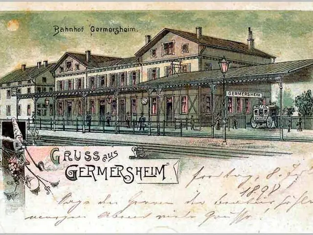 The image shows an old postcard with a picture of a train station in Germany. The postcard features...