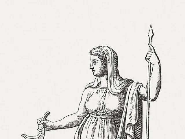 The image shows a black and white drawing of a woman standing and holding a spear in her hand, with...