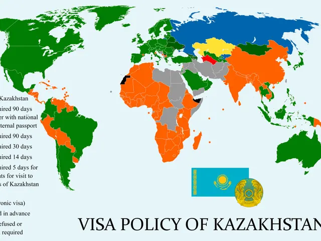 The image shows a map of the world with different colors representing the visa policy of...