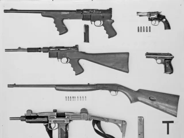 The image shows a black and white photo of a variety of guns, including a machine gun, with bullets...