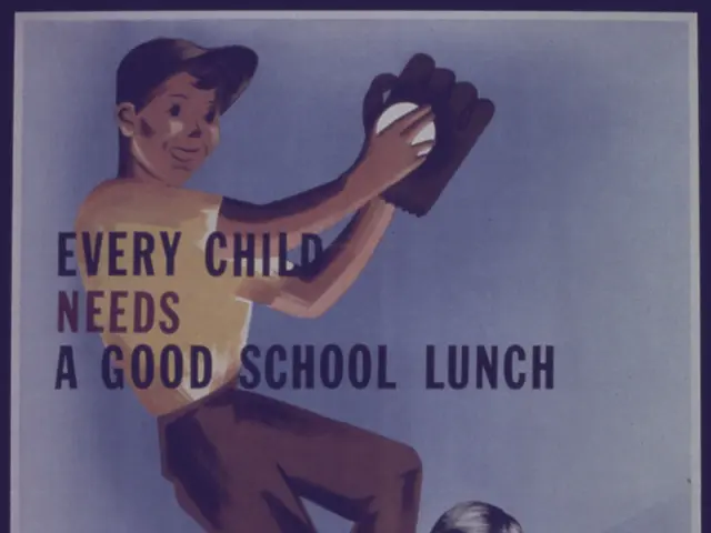 The image shows a poster with a boy and a girl sitting at a table with a plate of food, a glass,...