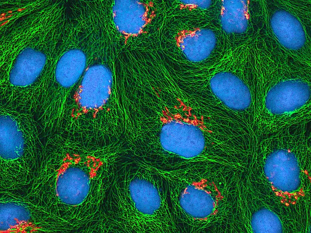 The image shows a close up of a cell with blue and green cells, which appear to be microorganism....
