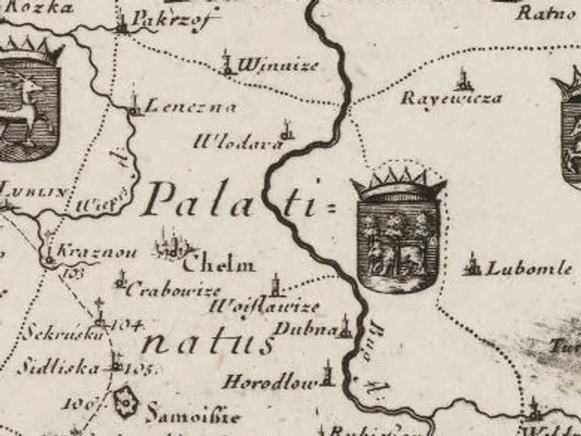 The image shows an old map of the city of Palatinate, with text and logos on it. The map is...