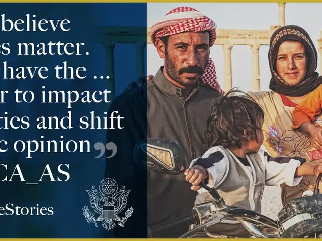 The image shows a poster with a man, woman and two children standing and smiling on the right side,...