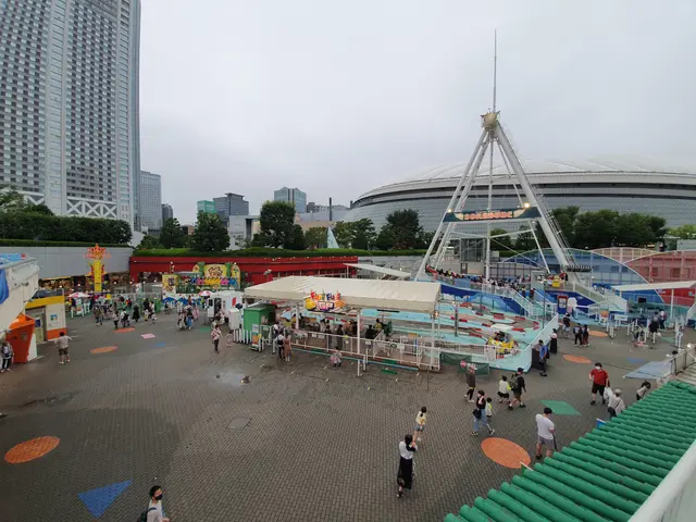 The image shows a group of people walking around a park with a ferris wheel in the background,...