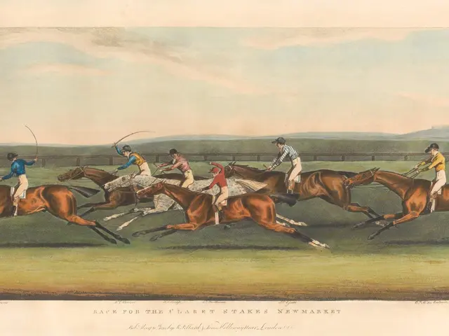 The image shows a group of people riding horses on top of a lush green field, with a building on...