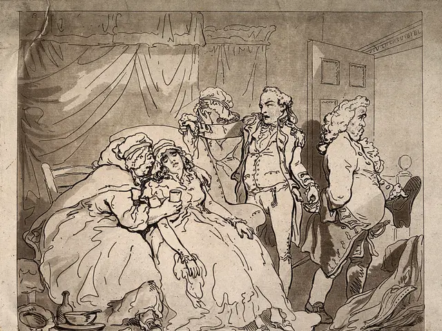 The image shows a paper with a drawing of a man and a woman sitting on a couch, with a curtain and...