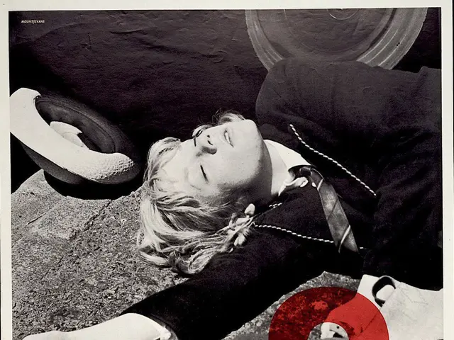 The image shows a poster with a person lying on the ground, surrounded by various objects. The text...