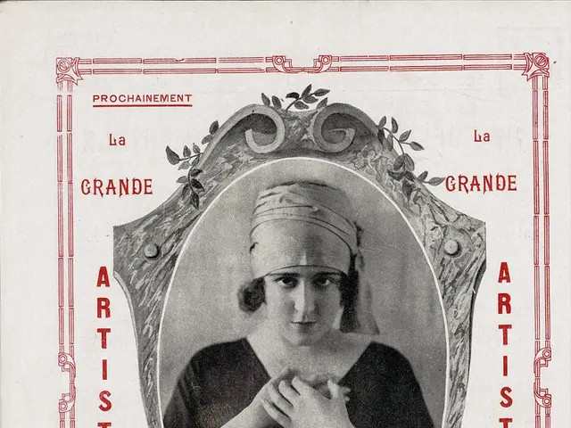 The image shows an old book with a picture of a woman in a black dress on the cover page. The woman...