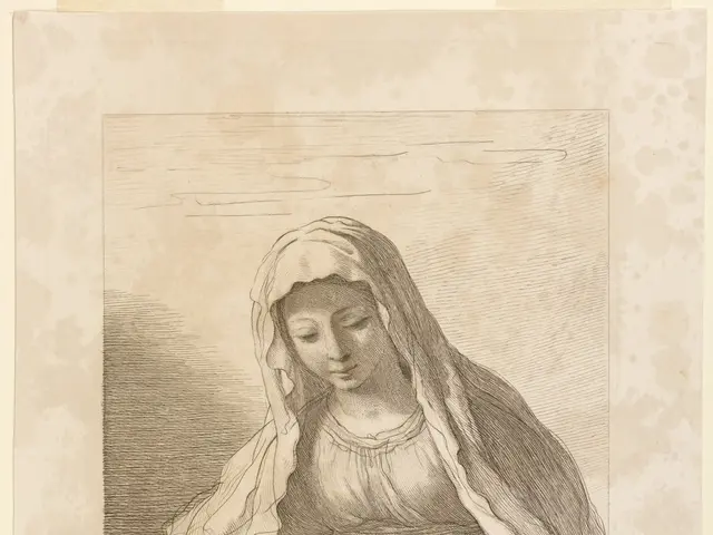 The image shows a woman with a gentle expression on her face, cradling a baby in her arms. She is...