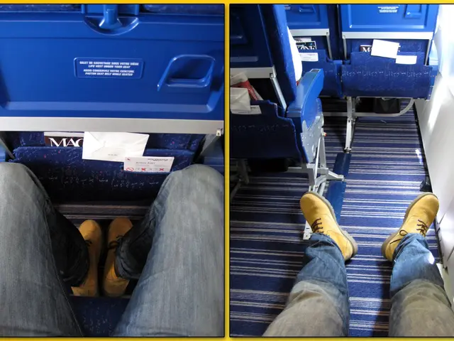 The image shows a person sitting in an airplane with their feet up, wearing blue jeans and brown...