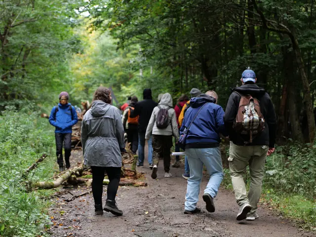 The image shows a group of people walking down a path in the woods, surrounded by trees and plants...