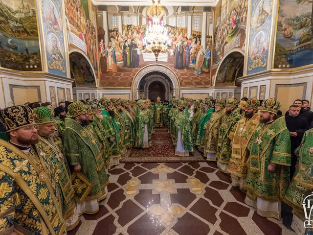 The image shows a group of priests standing in a church, wearing green and gold colored dresses and...