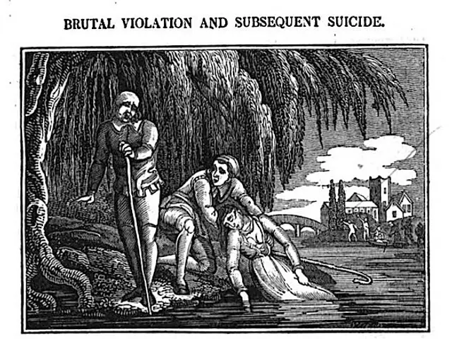 The image shows a black and white picture of a man standing and holding a stick, with a woman lying...