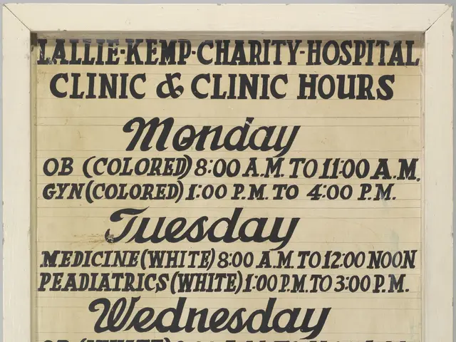 The image shows a poster with the text "Lallie Kemp Charity Hospital Clinic & Clinic Hours" printed...