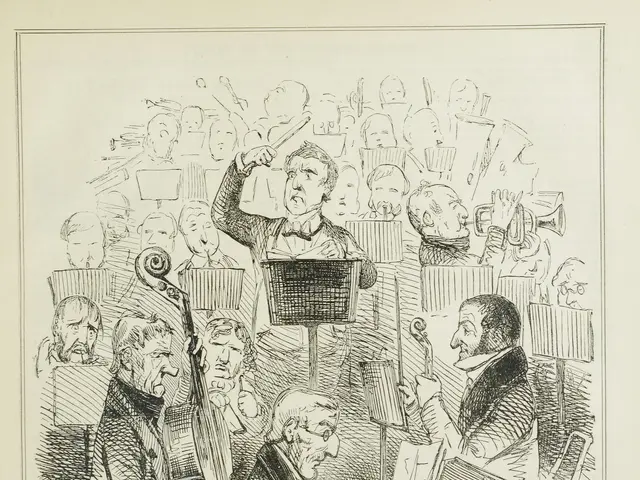 The image shows a paper with a drawing of a group of people playing musical instruments, with the...