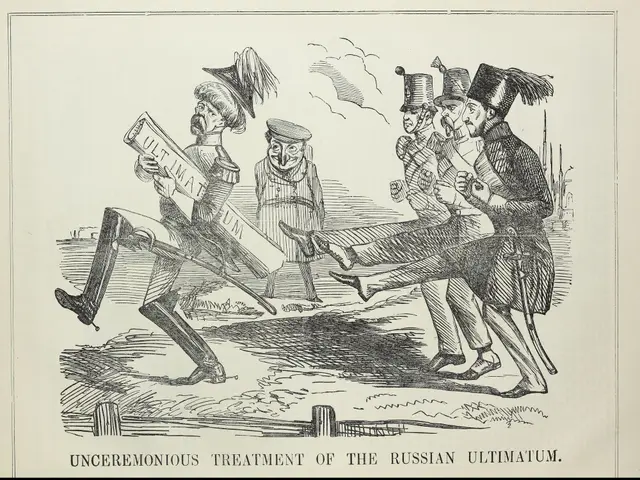 The image shows a paper with a drawing of a group of people, some of whom are holding objects, with...