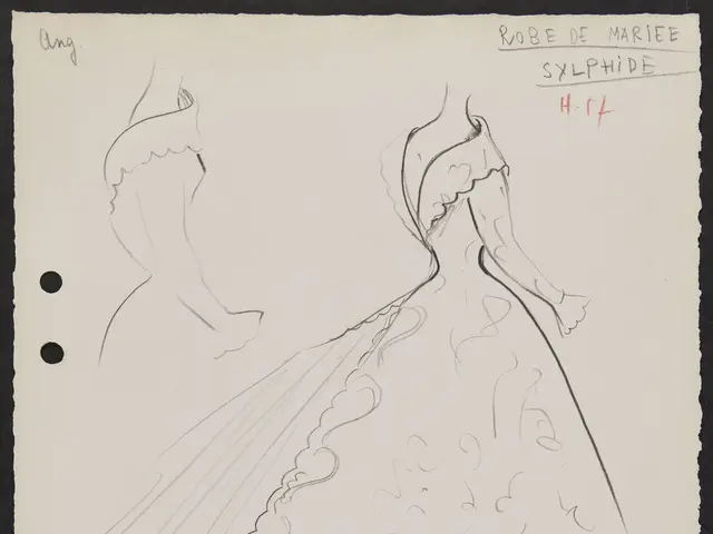 The image shows a drawing of a woman in a wedding dress on a piece of paper with text written on...