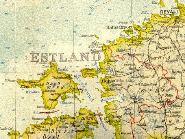 The image shows an old map of Estonia with a red line running through it. The map is detailed and...