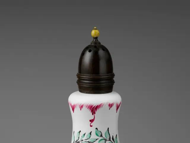 The image shows a white porcelain salt shaker with a black lid and a red and green design on it....
