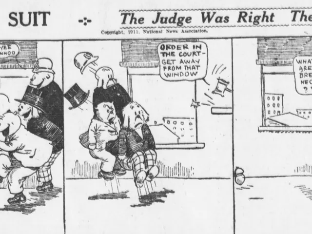 The image shows a cartoon of a man in a suit and a woman in a dress, both of whom appear to be in a...