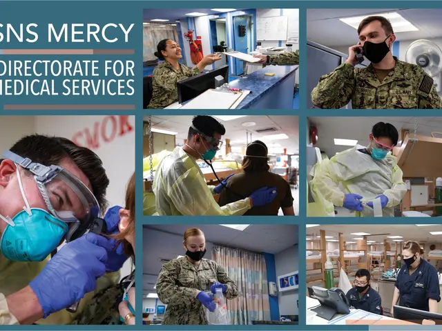 The image shows a poster with a collage of people wearing masks and gloves, with the text "USNS...