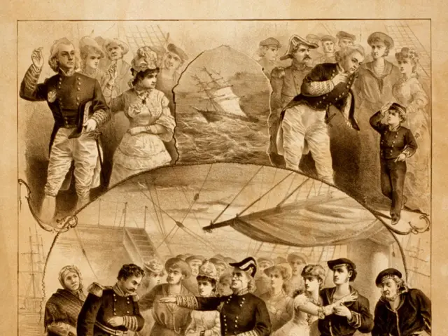 The image shows an old book with a drawing of a group of people on it. At the bottom of the paper,...