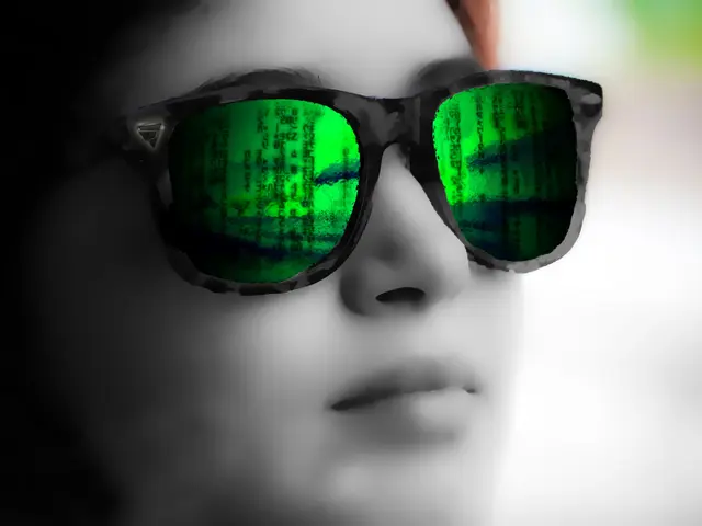 The image shows a woman wearing sunglasses with green lenses, her face illuminated by the sun's...