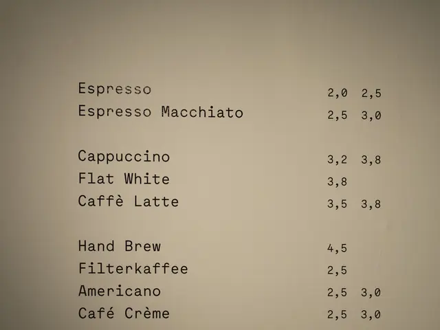 The image shows a menu card with a variety of coffee items listed on it, including espresso,...