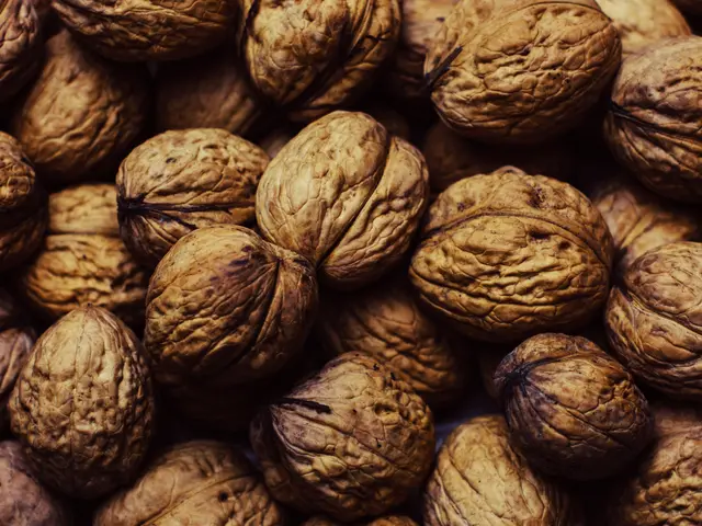 The image shows a pile of walnuts sitting on top of each other, providing a visual representation...