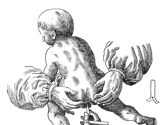The image shows a black and white drawing of a baby being held by a doctor, with a white...