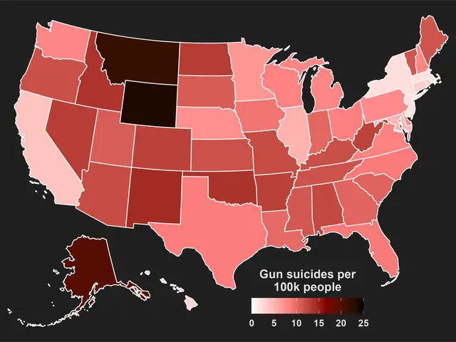 The image shows a map of the United States with different colors indicating the percentage of gun...