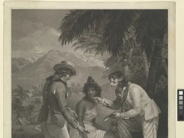 The image shows a black and white photo of three people, a woman sitting on the ground and two men...