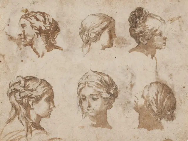 The image shows a paper with a drawing of six studies of a woman's head, each with a unique...