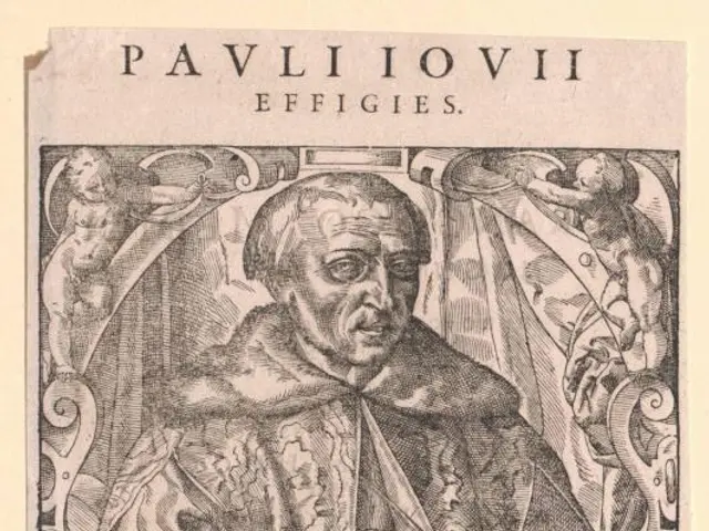 The image shows an engraving of a man in a robe holding a book, with the text "Pavli Iovii...