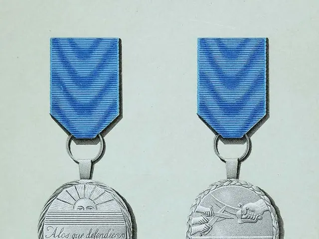The image shows a pair of silver medals with blue ribbons on a white background. The medals have...