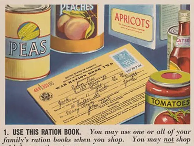 The image shows a poster with a variety of food items, including bottles, boxes, and a ration book....