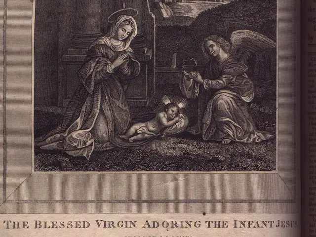 The image shows an open book with an engraving of the Blessed Virgin Adoring the Infant Jesus, with...