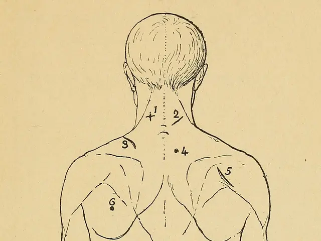 The image shows a drawing of a man's back with arrows pointing in different directions, indicating...