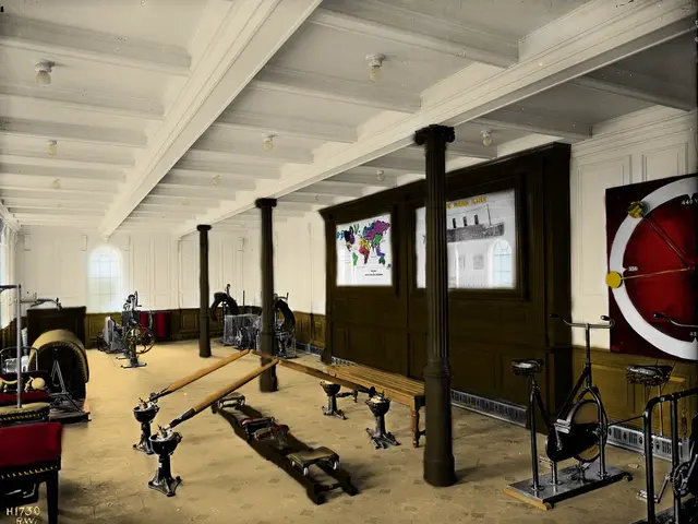 The image shows a room filled with lots of different types of exercise equipment, such as machines,...