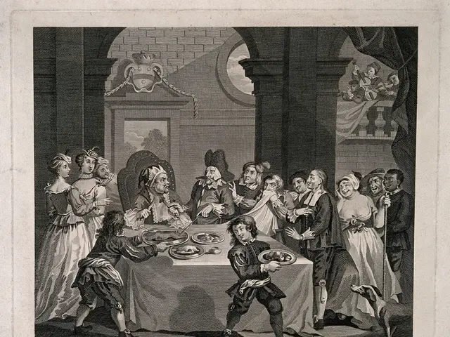 The image shows a group of people gathered around a table, with plates of food in front of them. In...