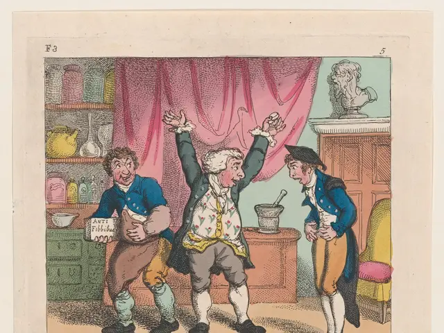 The image shows a paper with a cartoon of three people standing in front of a table with various...