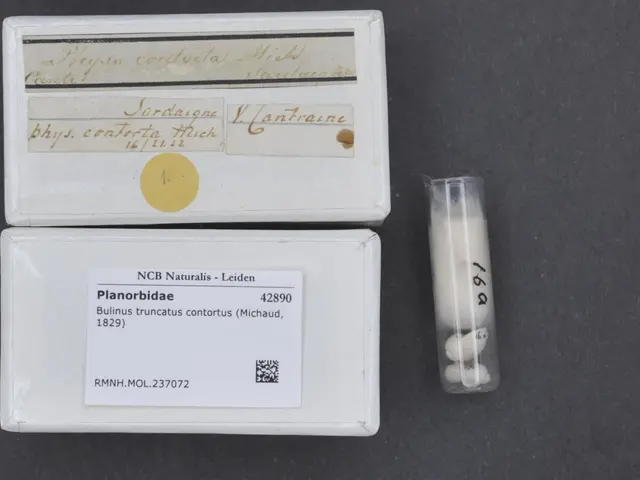 The image shows a box of white pills sitting on top of a black table, with a label on the box that...