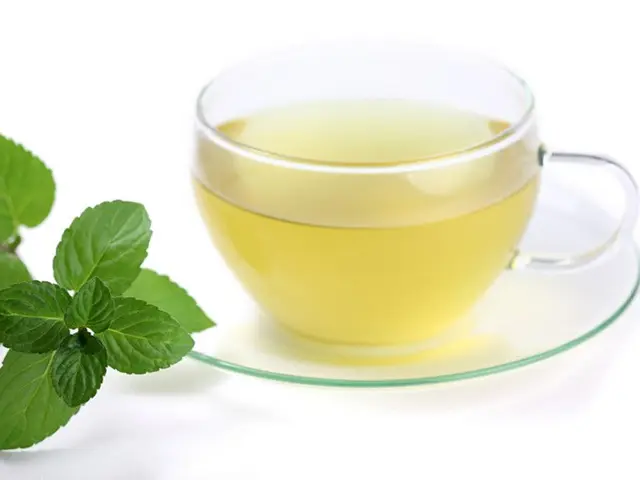 The image shows a cup of green tea with fresh mint leaves on a saucer, set against a white...