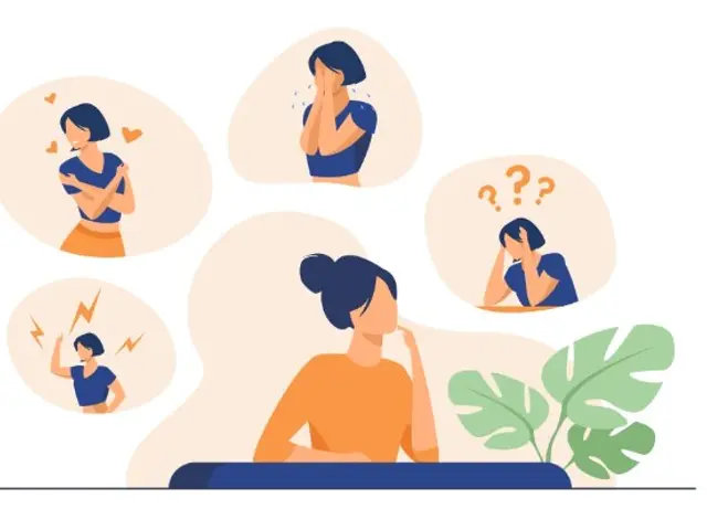 The image shows a woman sitting at a desk with a thought bubble above her head, surrounded by...