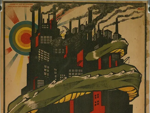 The image shows a Soviet propaganda poster on a wall with a picture of a city in the background....